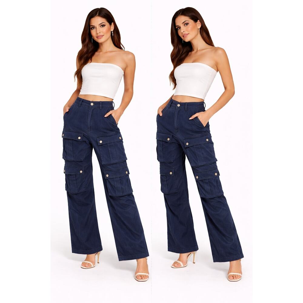 Zara Utility Cargo Wide Leg Pants Dark Denim Jeans Multi Pocket Women’s US 4